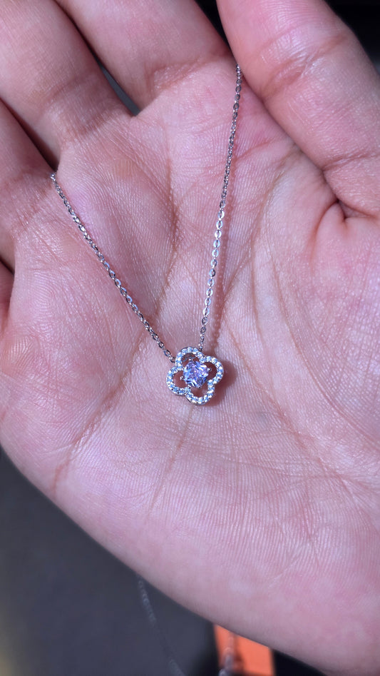 Blush clover 925 sterling silver pendant necklace with pink center stone and crystal halo on fine chain