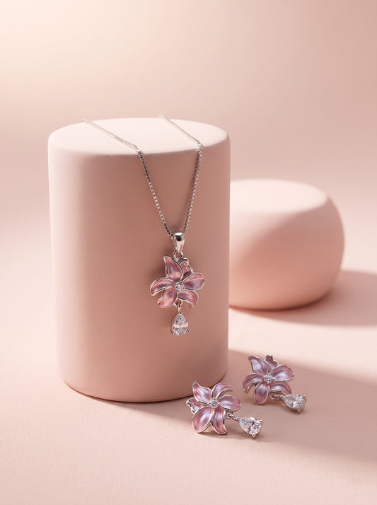 Pink Enamel Lily Pendant Set
