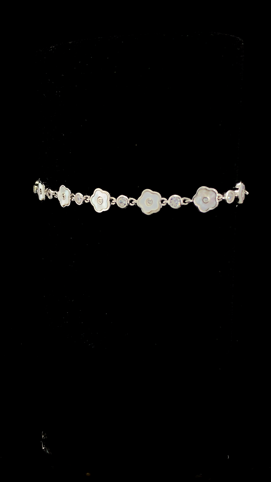 925 sterling silver alternating Mother of Pearl carved flower and round bezel CZ station bracelet — The White Garden Bracelet by The White Kala