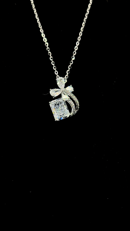 Cushion-cut Cubic Zirconia solitaire pendant chain with butterfly CZ accent in BIS Hallmarked 925 sterling silver by The White Kala