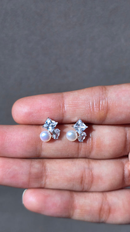 Pearl & Square Pearl Stud Earring | 925 Sterling Silver | The White Kala