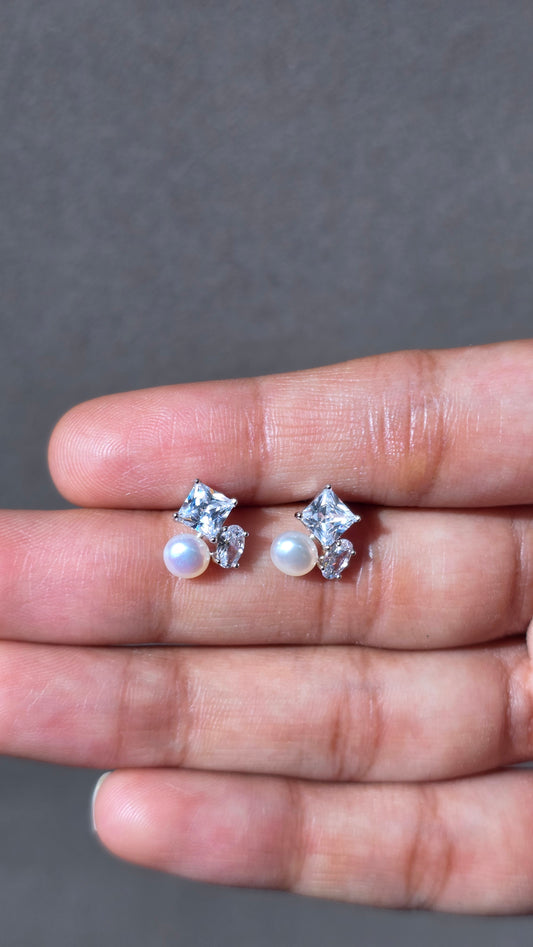 Pearl & Square Pearl Stud Earring | 925 Sterling Silver | The White Kala