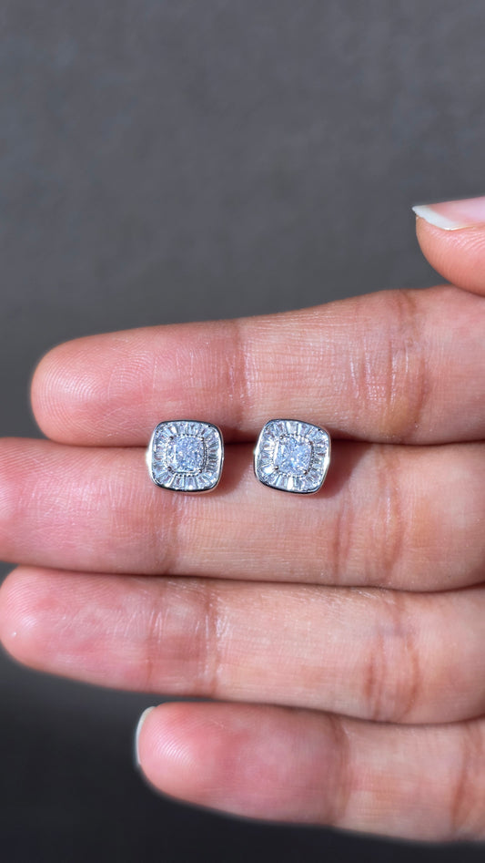 Baguette Halo Stud Earrings | 925 Sterling Silver | The White Kala