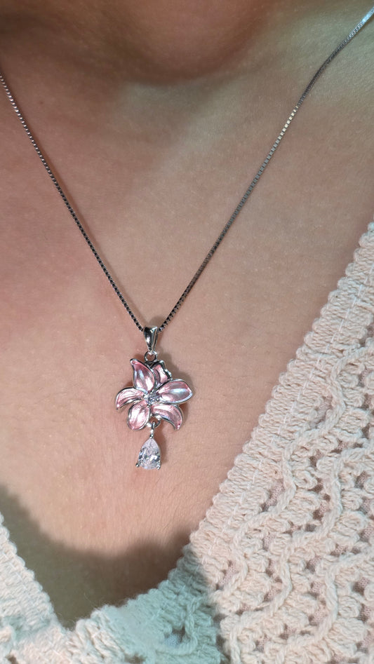 Pink Enamel Lily Pendant Set