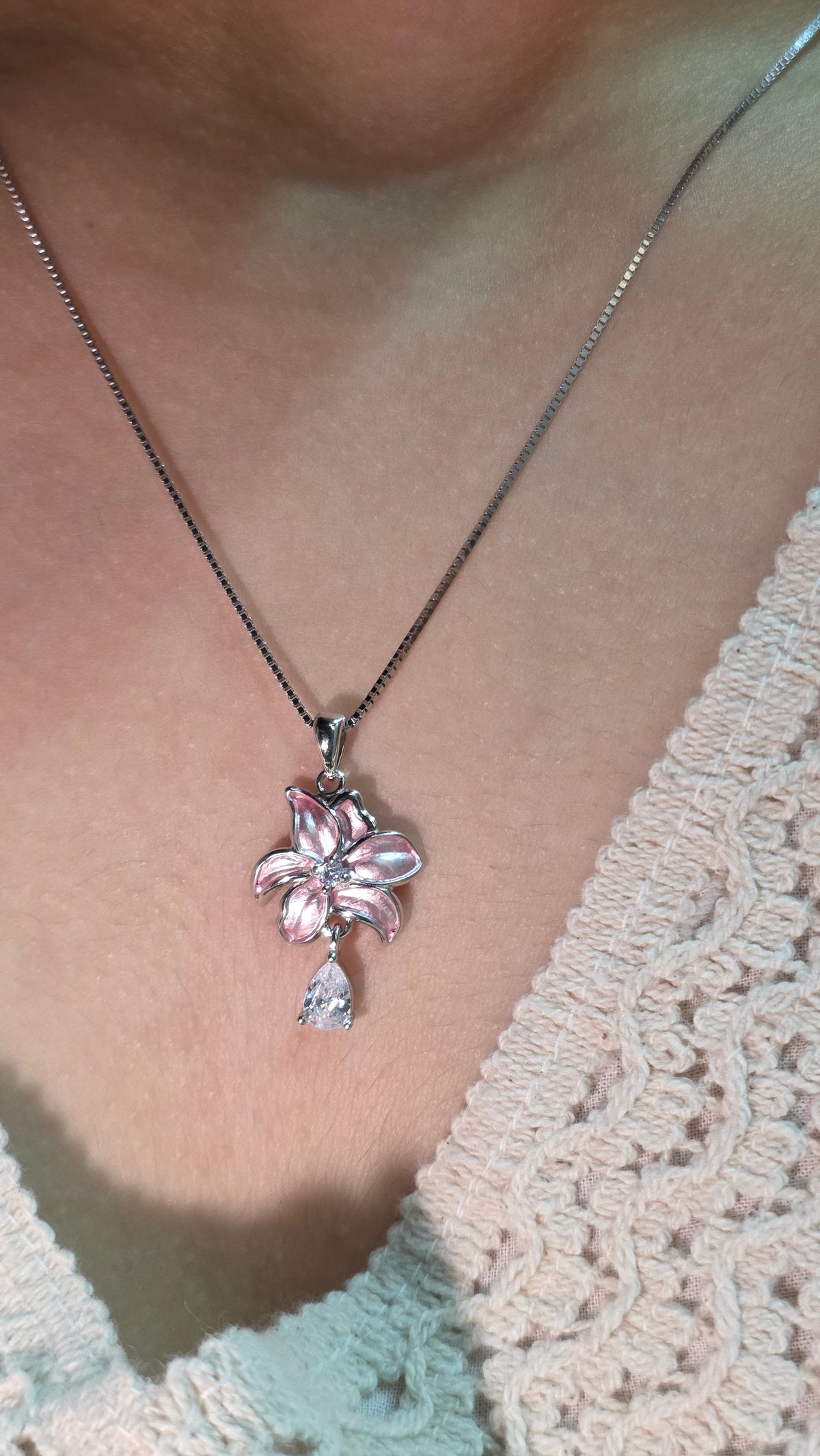 Pink Enamel Lily Pendant Set
