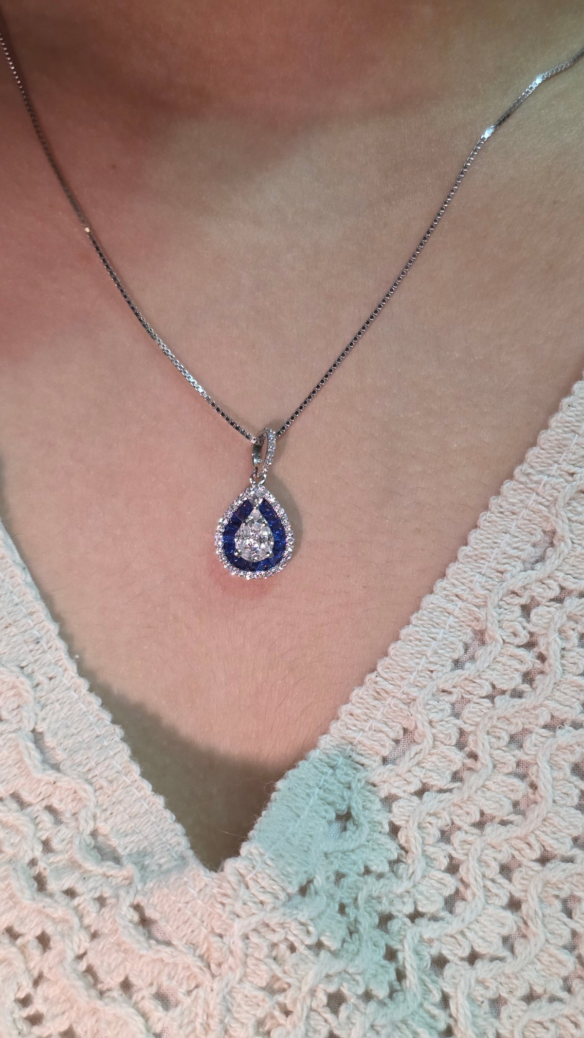 Sapphire Halo Teardrop Pendant Set