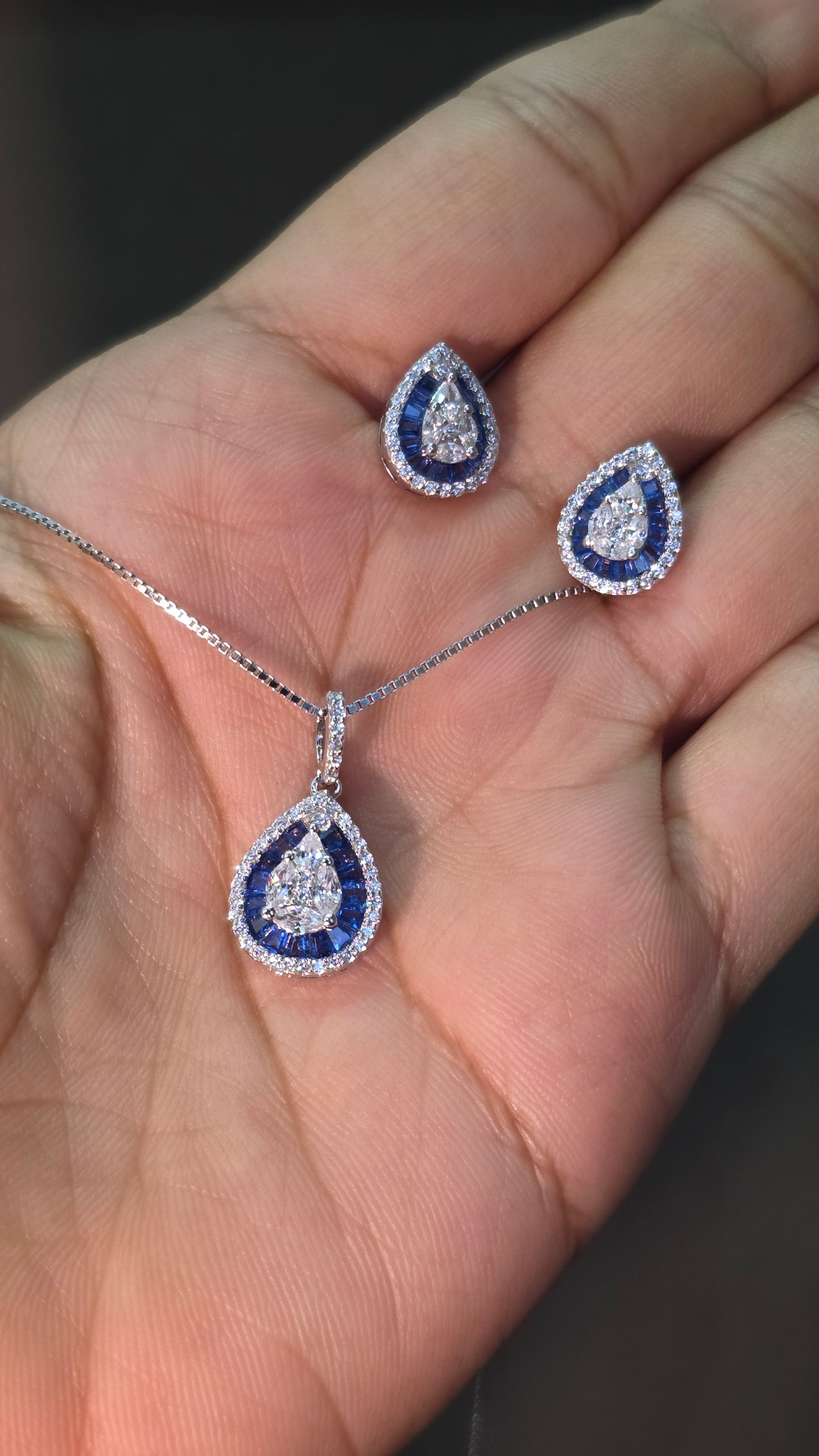 Sapphire Halo Teardrop Pendant Set