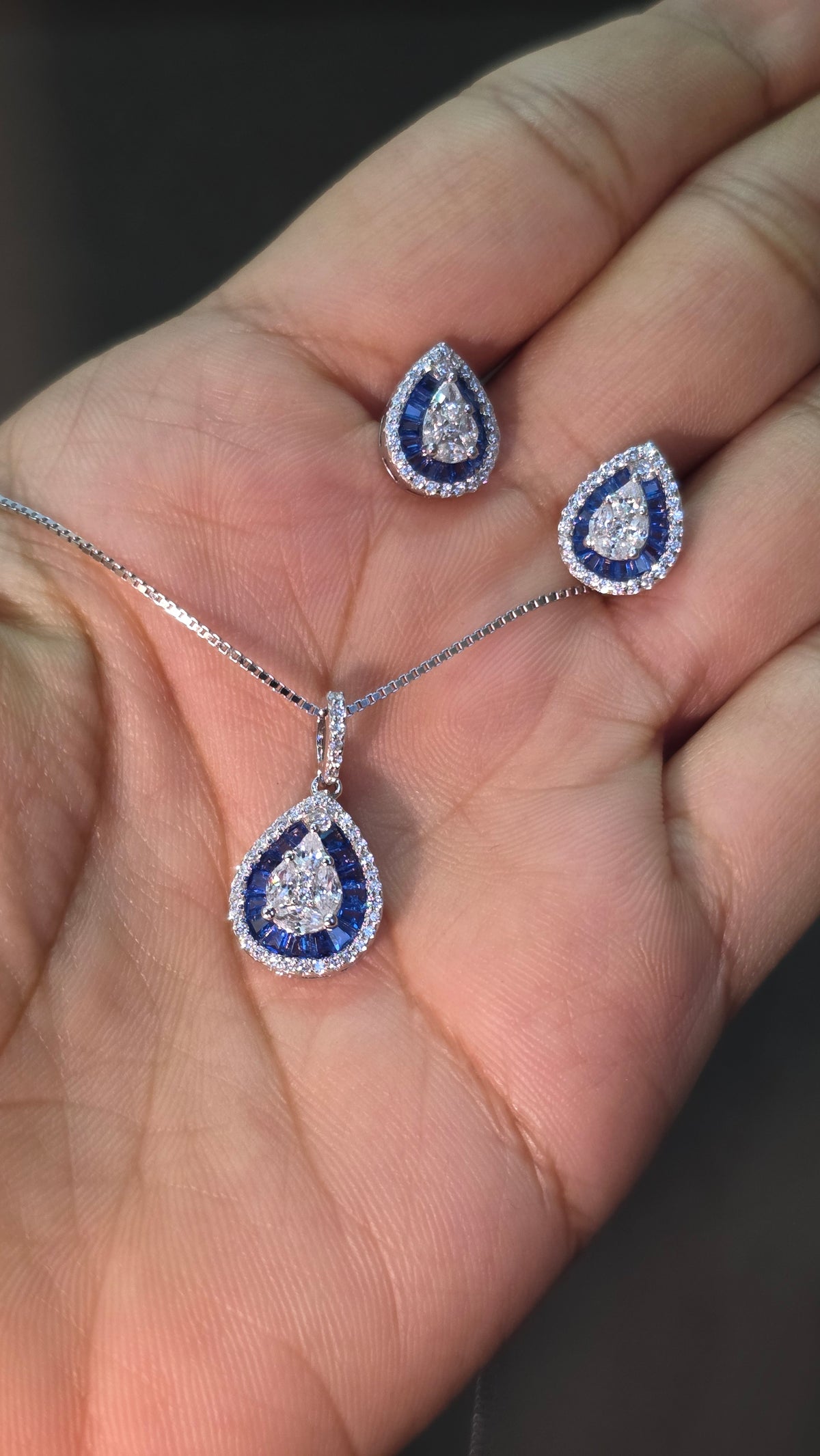 Sapphire Halo Teardrop Pendant Set