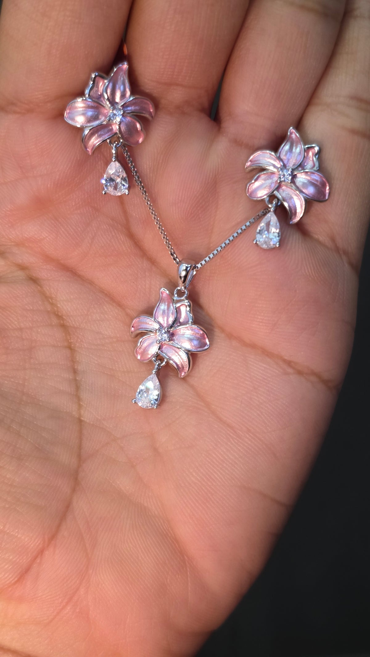 Pink Enamel Lily Pendant Set