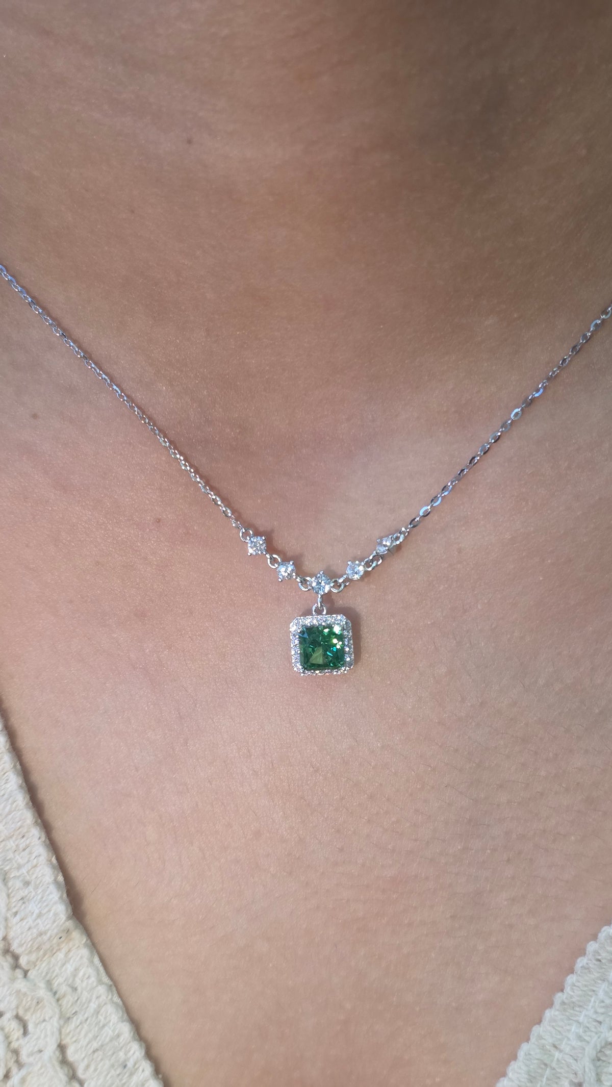 Emerald Square Halo Pendant Chain