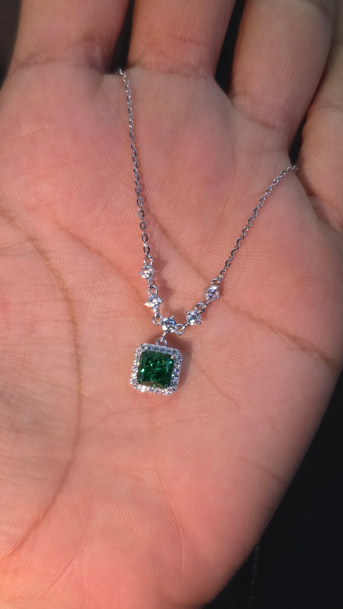 Emerald Square Halo Pendant Chain