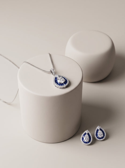 Sapphire Halo Teardrop Pendant Set