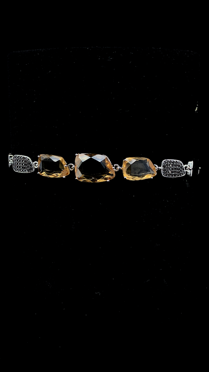 925 sterling silver amber cushion CZ and black CZ micropavé square link statement bracelet — The Amber Noir by The White Kala