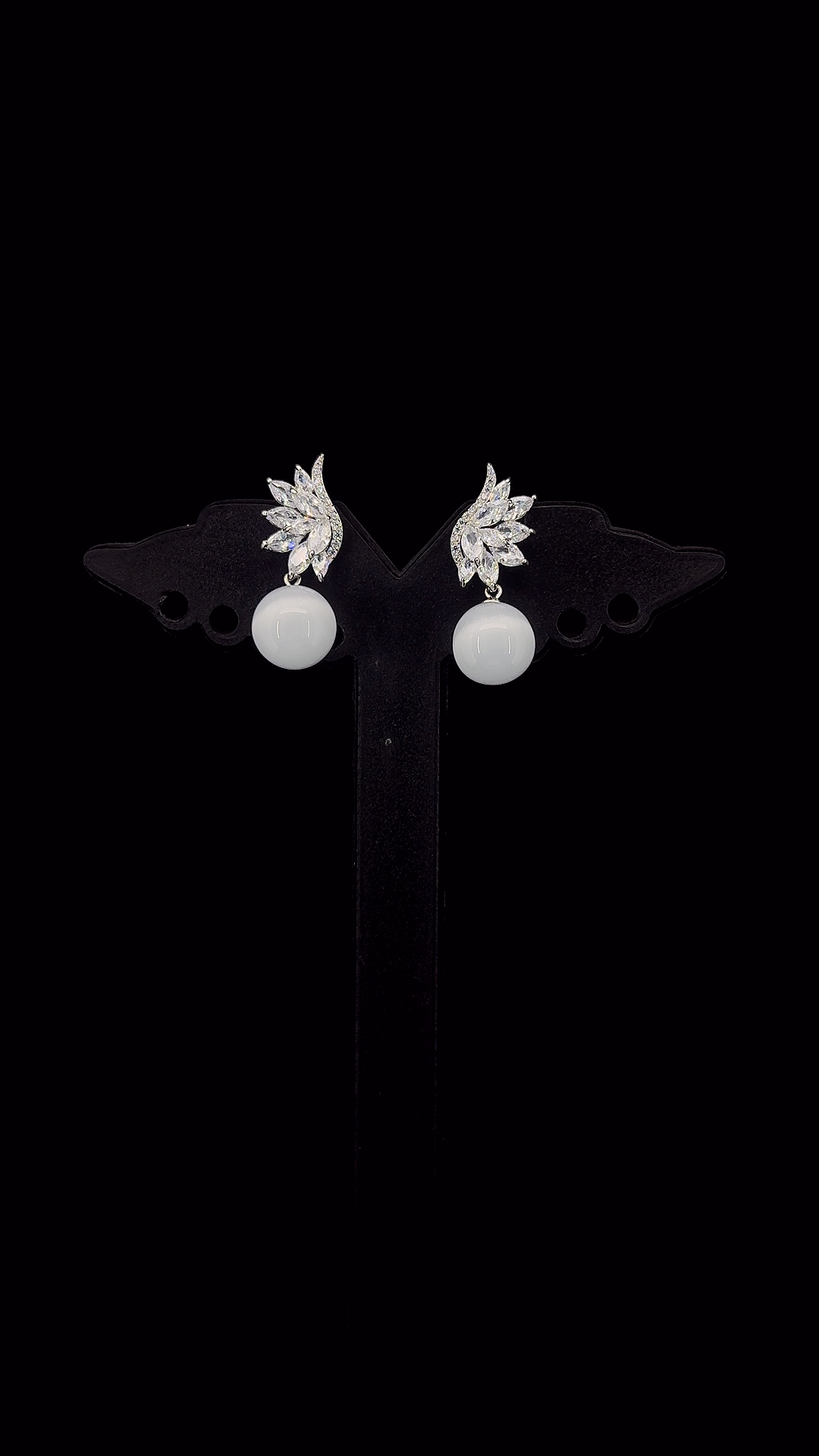 925 sterling silver marquise CZ leaf wing cluster stud earrings with white pearl drops — The Pearl Wing by The White Kala