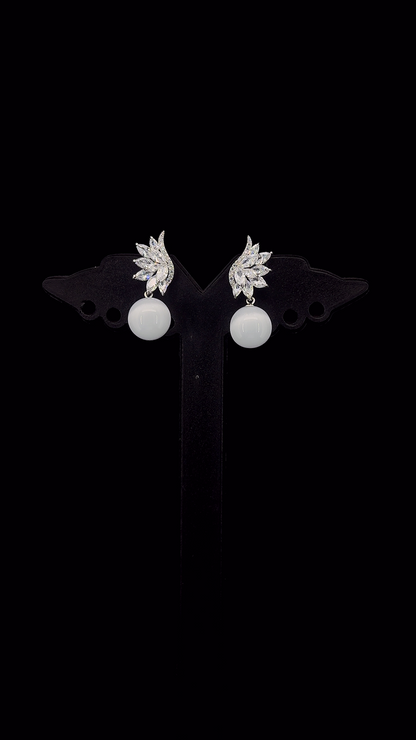 925 sterling silver marquise CZ leaf wing cluster stud earrings with white pearl drops — The Pearl Wing by The White Kala