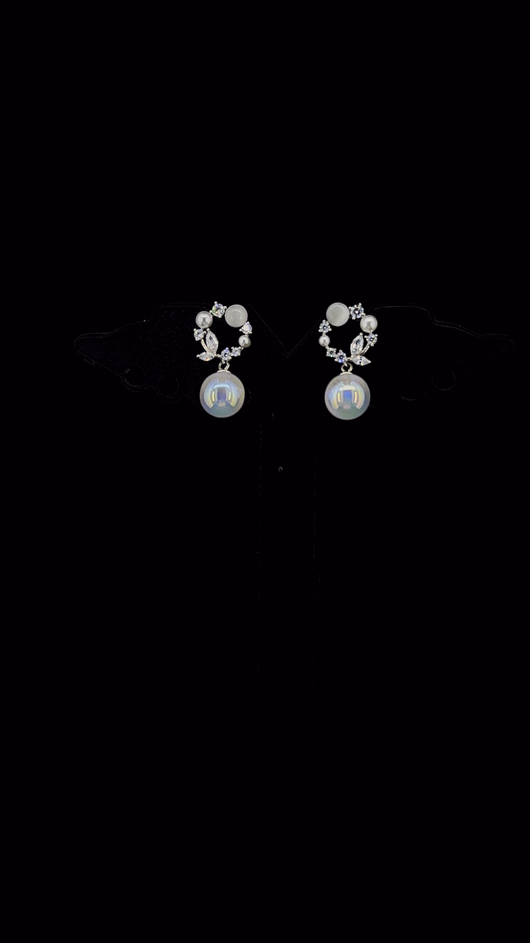 925 sterling silver pearl and marquise CZ wreath stud earrings with iridescent aurora pearl drop — The Pearl Wreath by The White Kala