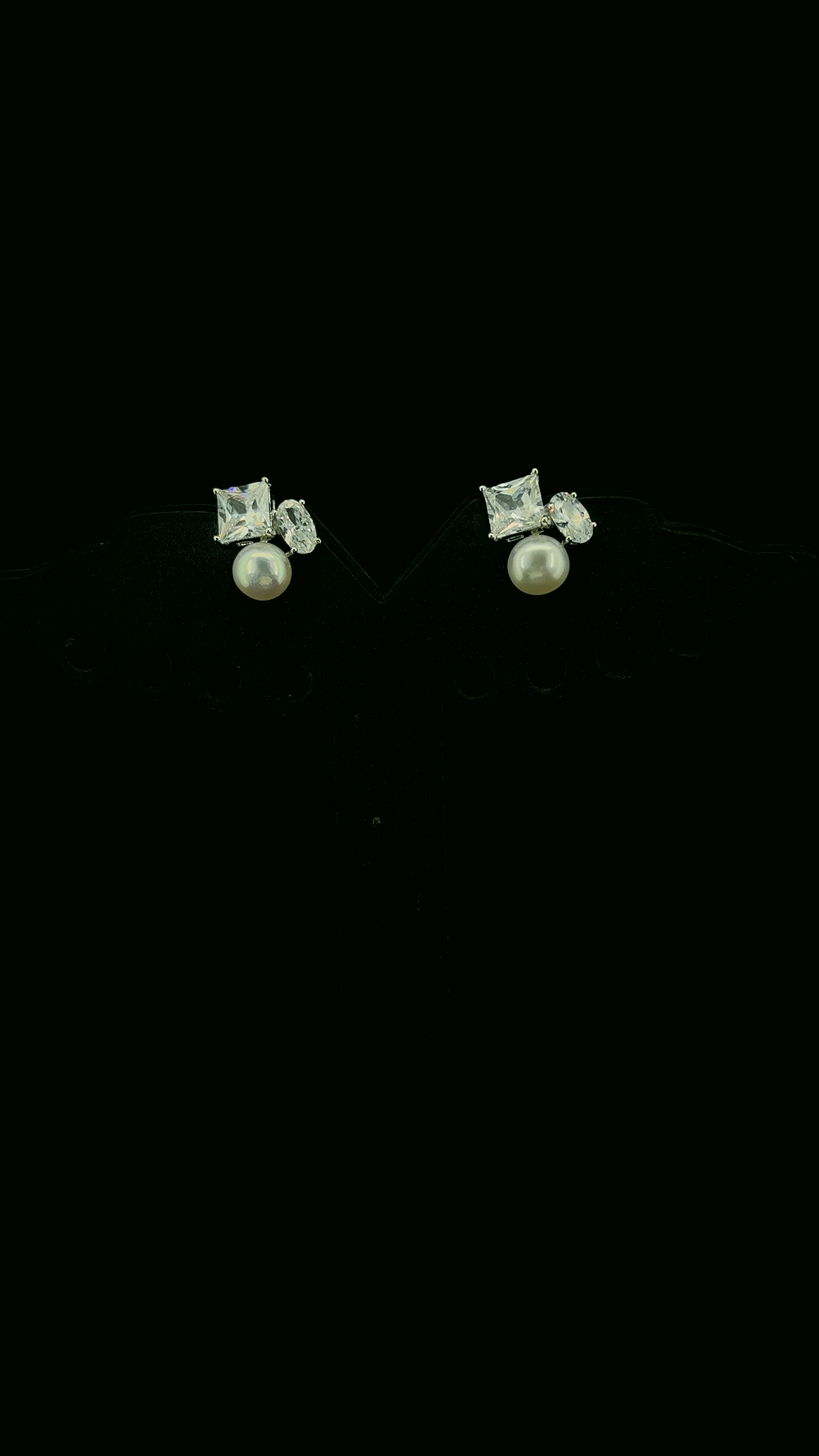 925 sterling silver princess-cut CZ square stud earrings with oval CZ accent and white pearl drop — The Pearl & Square by The White Kala