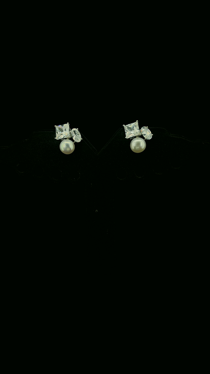 925 sterling silver princess-cut CZ square stud earrings with oval CZ accent and white pearl drop — The Pearl & Square by The White Kala