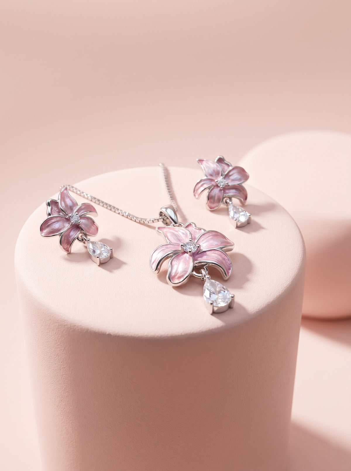 Pink Enamel Lily Pendant Set