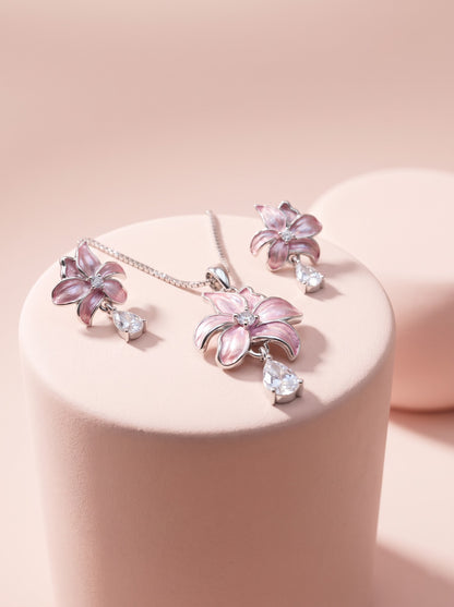 Pink Enamel Lily Pendant Set
