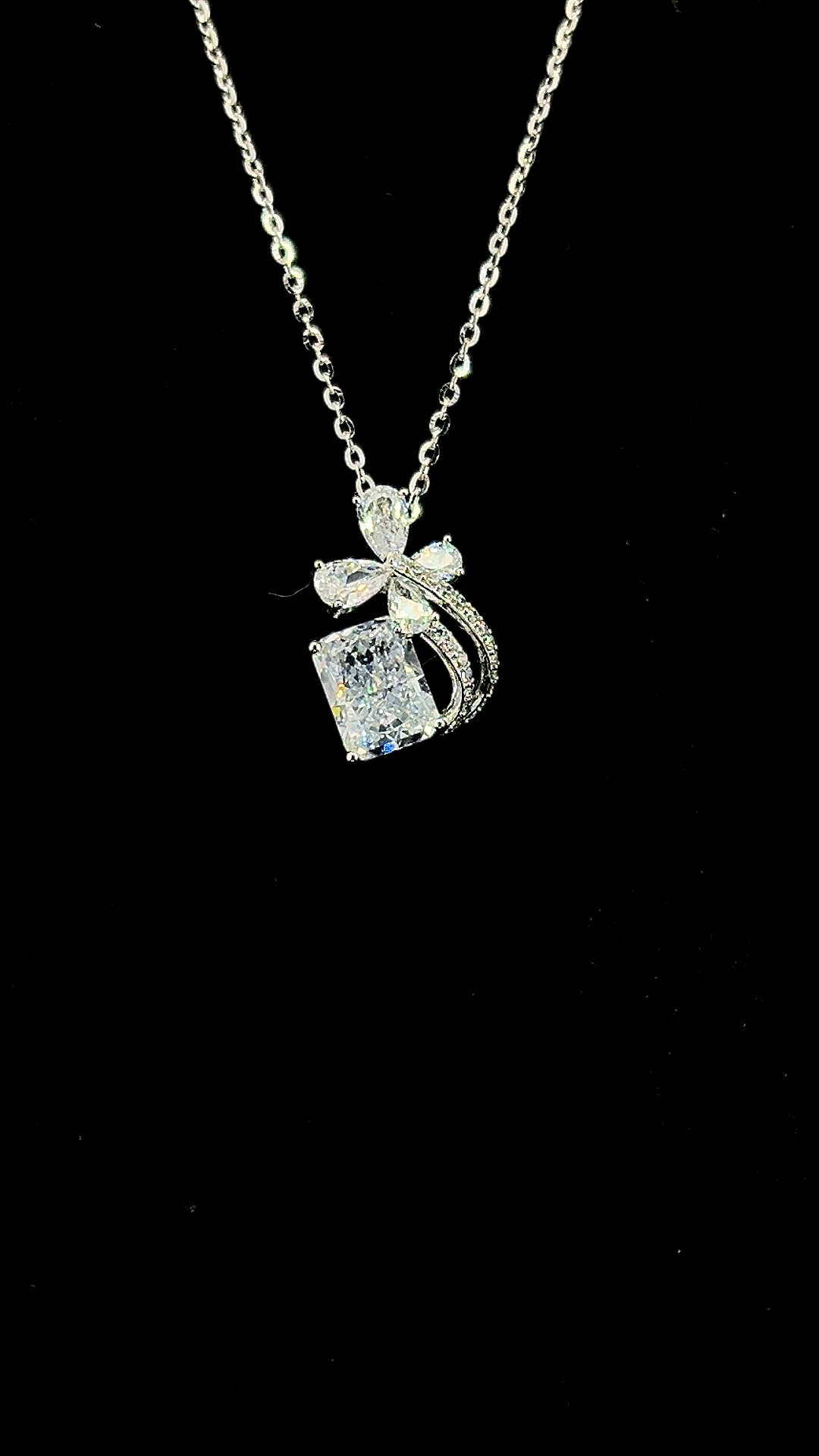 Cushion-cut Cubic Zirconia solitaire pendant chain with butterfly CZ accent in BIS Hallmarked 925 sterling silver by The White Kala