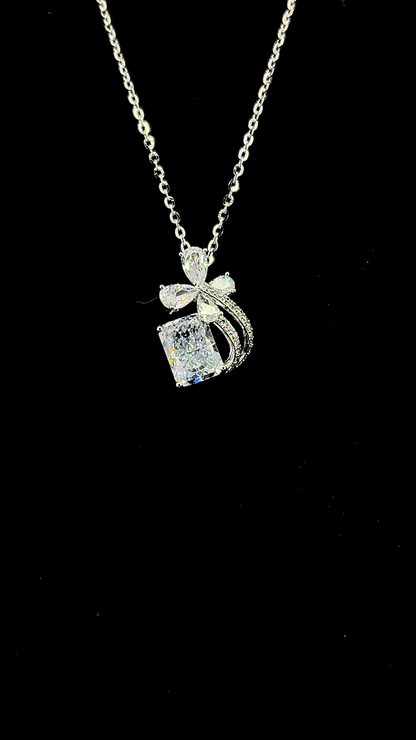Cushion-cut Cubic Zirconia solitaire pendant chain with butterfly CZ accent in BIS Hallmarked 925 sterling silver by The White Kala
