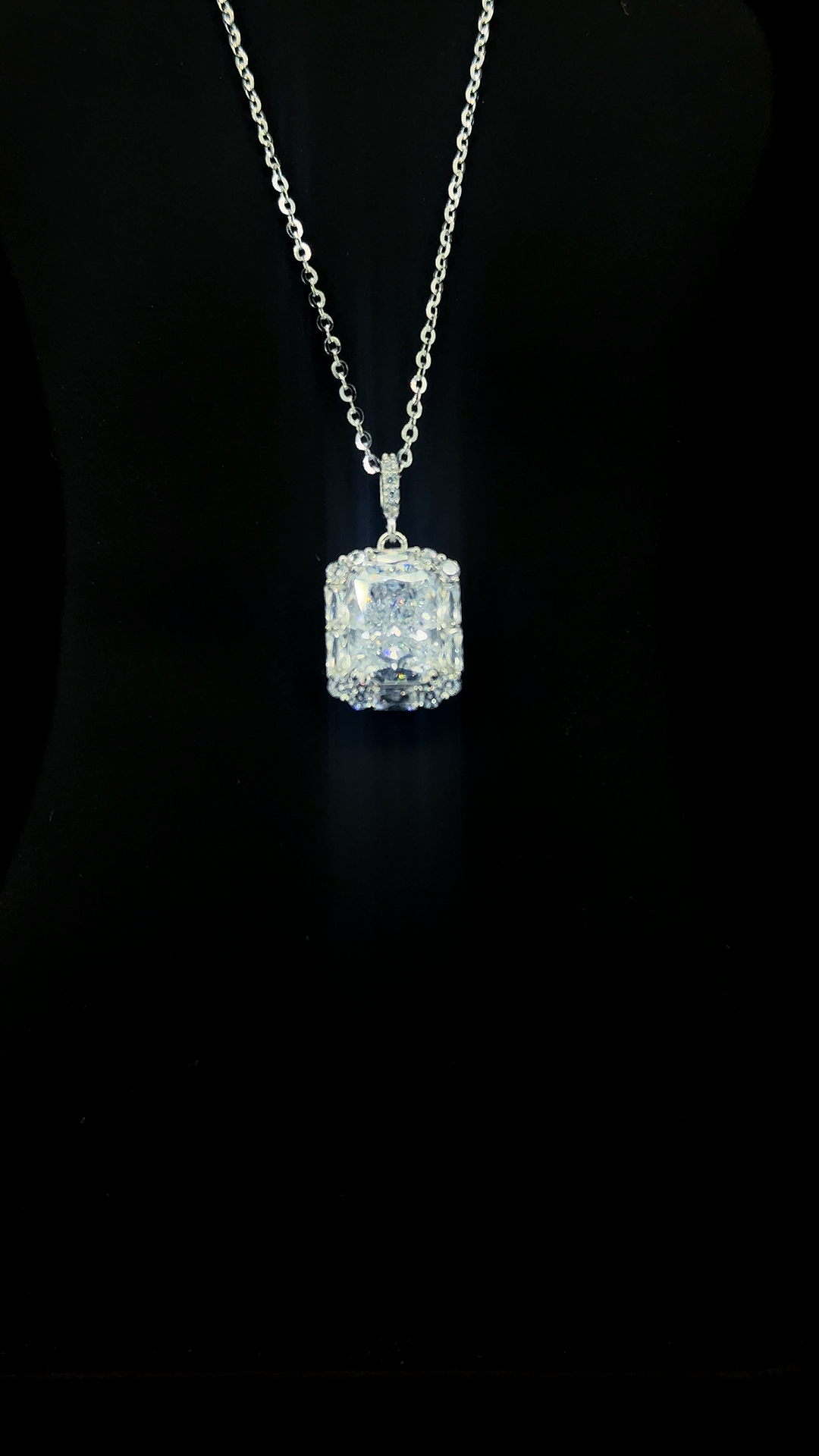 Large radiant-cut Cubic Zirconia solitaire pendant chain with full micropavé halo and CZ bail in BIS Hallmarked 925 sterling silver — The White Reign by The White Kala