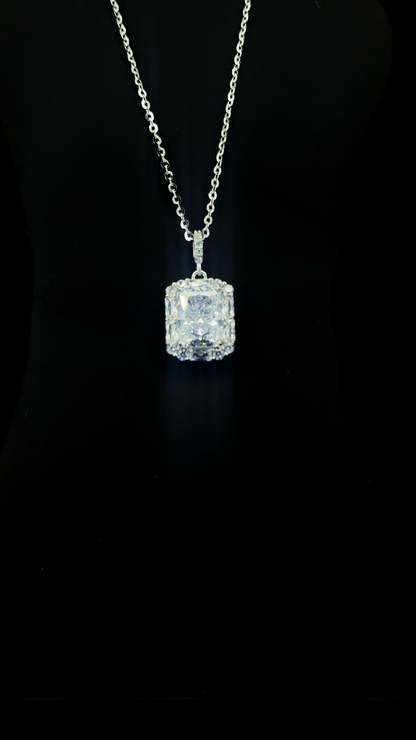 Large radiant-cut Cubic Zirconia solitaire pendant chain with full micropavé halo and CZ bail in BIS Hallmarked 925 sterling silver — The White Reign by The White Kala