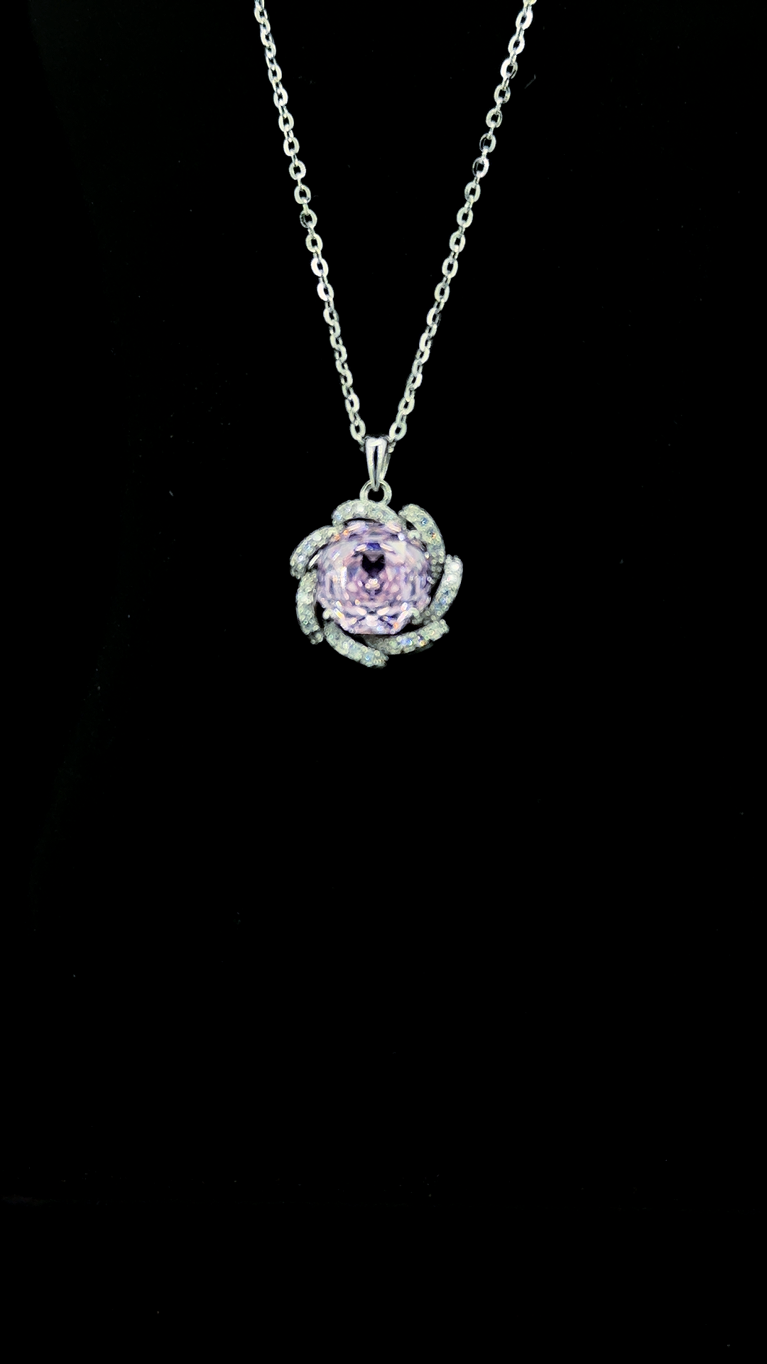 Lavender round Cubic Zirconia floral swirl pendant chain with white CZ petal frame in BIS Hallmarked 925 sterling silver — The Lavender Bloom by The White Kala