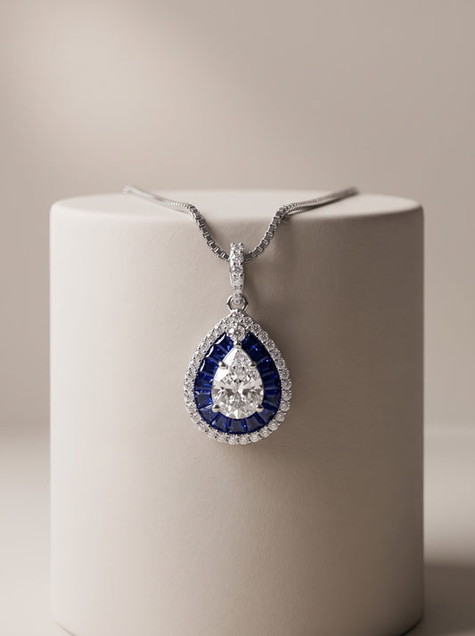 Sapphire Halo Teardrop Pendant Set