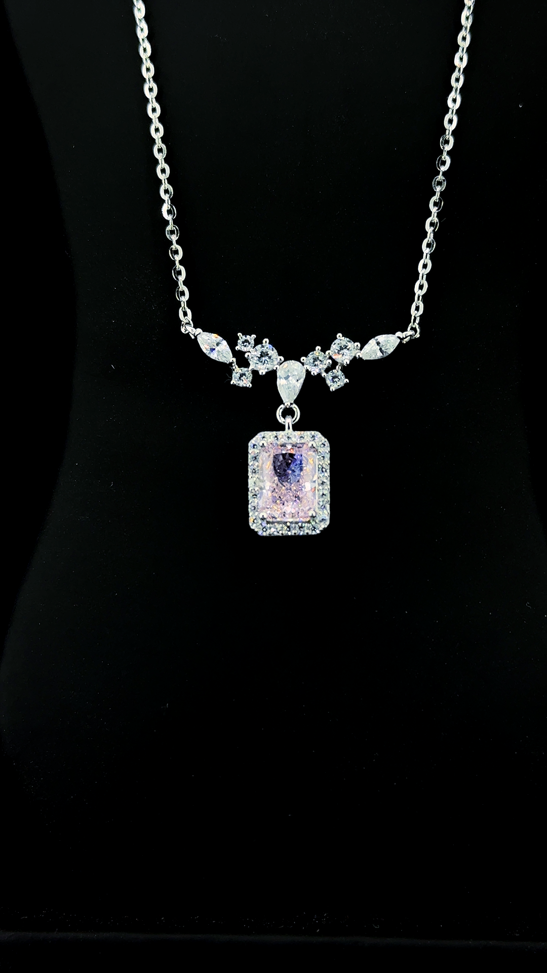 Pink emerald-cut Cubic Zirconia halo pendant necklace with marquise and round CZ station bar in BIS Hallmarked 925 sterling silver — The Rose Empress by The White Kala