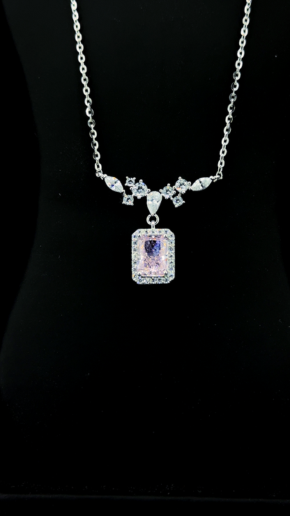 Pink emerald-cut Cubic Zirconia halo pendant necklace with marquise and round CZ station bar in BIS Hallmarked 925 sterling silver — The Rose Empress by The White Kala