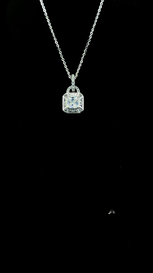 Princess-cut Cubic Zirconia square pendant with baguette CZ halo frame and jewelled bail in BIS Hallmarked 925 sterling silver — The Royal Insignia by The White Kala