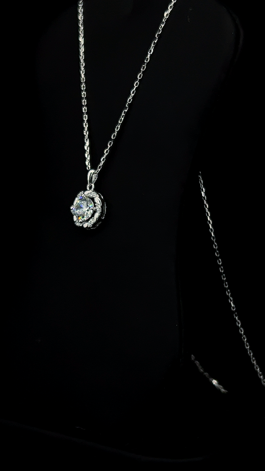 Round halo Cubic Zirconia solitaire pendant chain in BIS Hallmarked 925 sterling silver by The White Kala