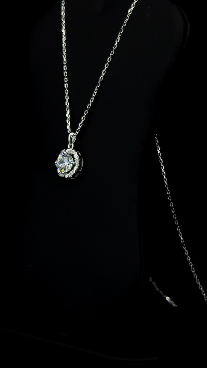 Round halo Cubic Zirconia solitaire pendant chain in BIS Hallmarked 925 sterling silver by The White Kala