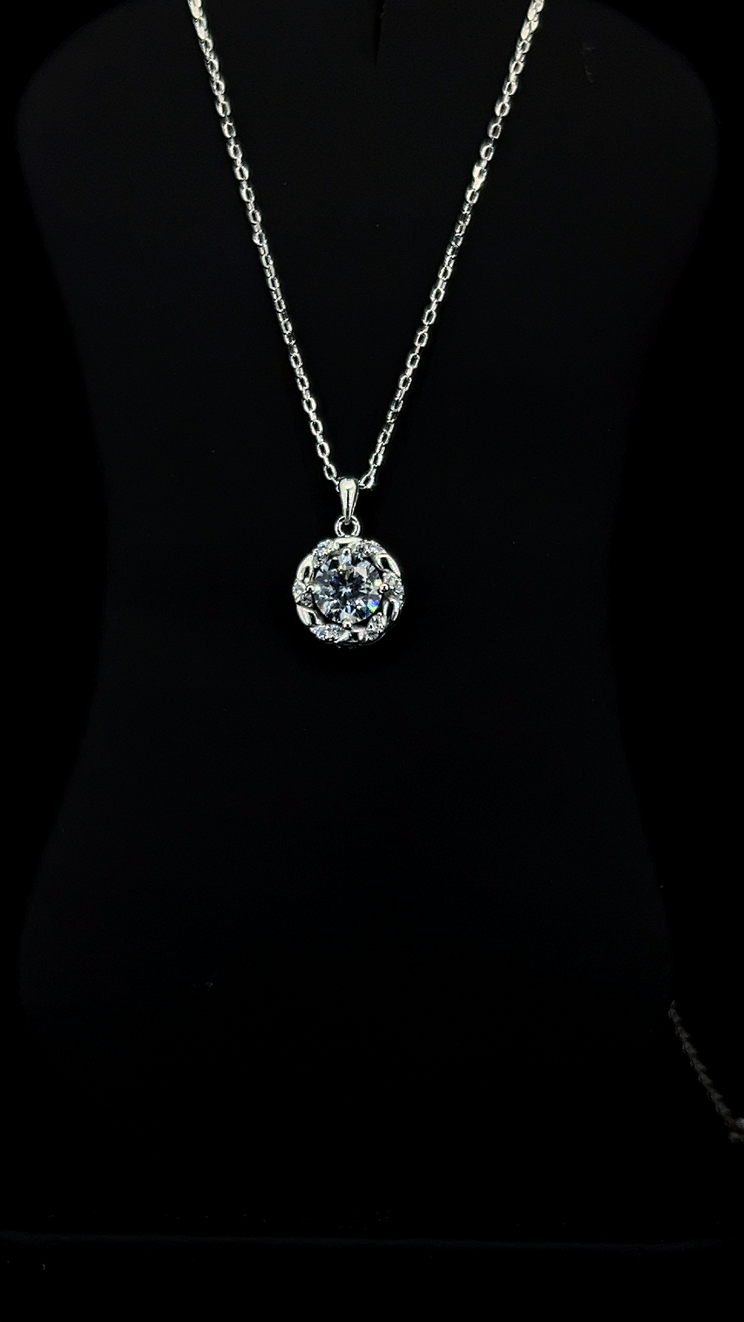 Round halo Cubic Zirconia solitaire pendant chain in BIS Hallmarked 925 sterling silver by The White Kala