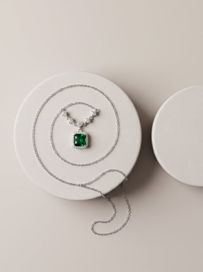 Emerald Square Halo Pendant Chain