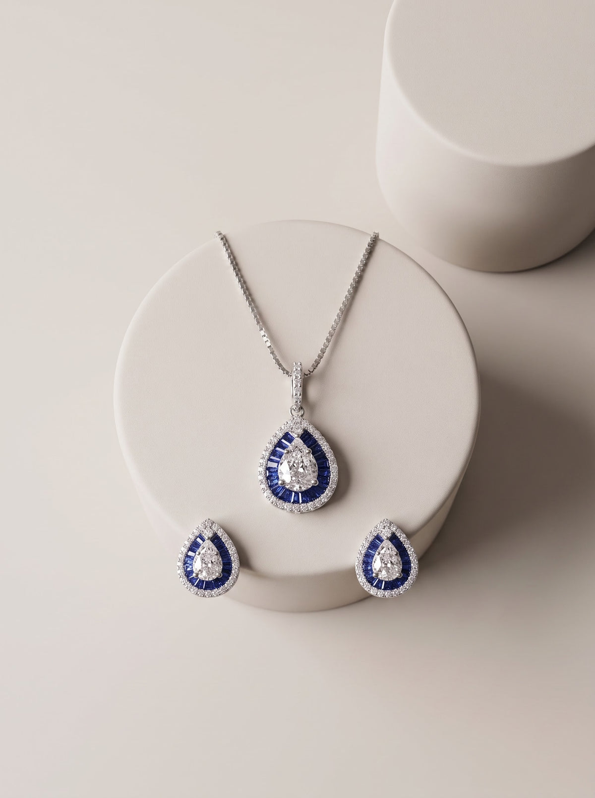 Sapphire Halo Teardrop Pendant Set