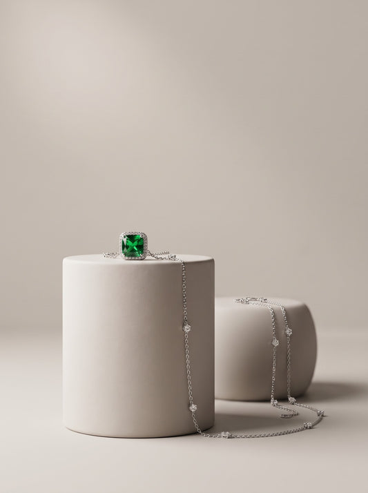 Emerald Square Halo Pendant Chain