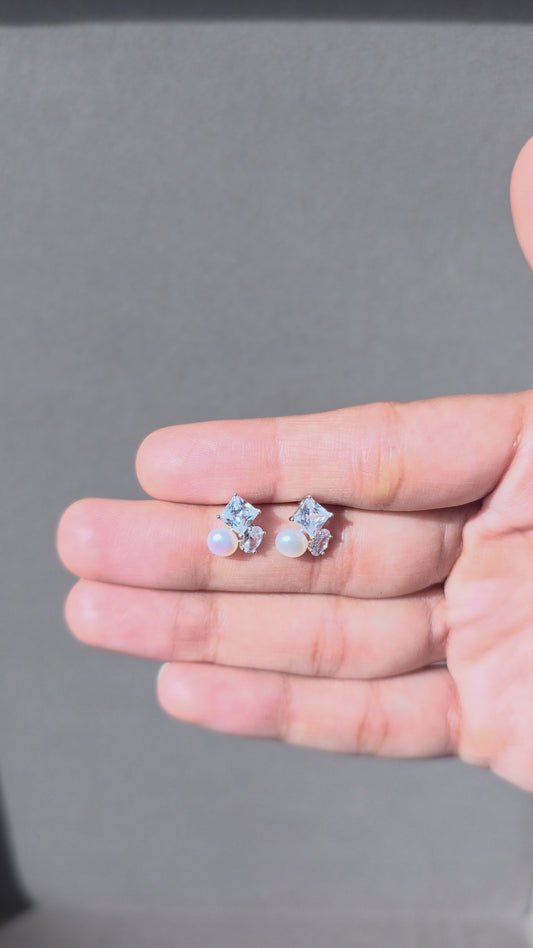 Pearl & Square Pearl Stud Earring | 925 Sterling Silver | The White Kala