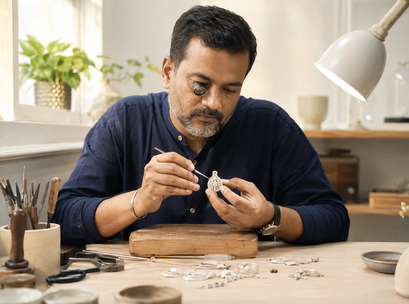 A jewellery artisan hand-finishing a sterling silver pendant in a bright Mumbai studio